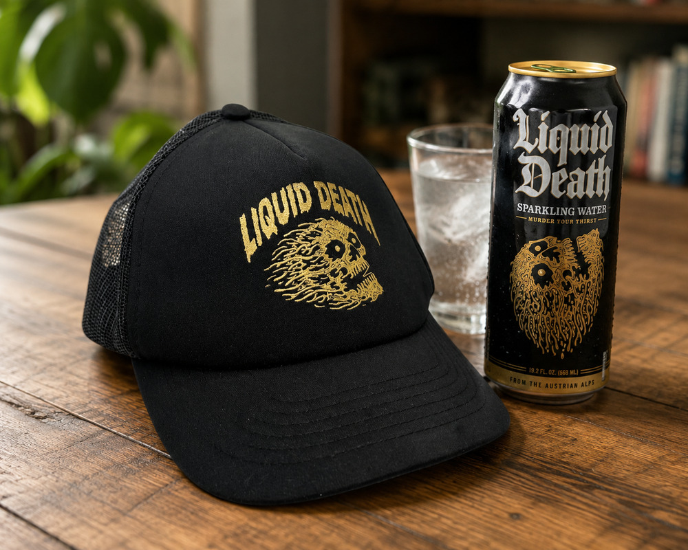 Liquid Death Black Mesh Trucker Snapback Gold Skull Logo NWOT
